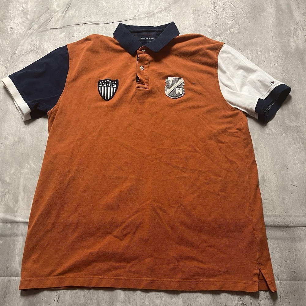 Tommy Hilfiger Polo Shirt Mens 2XL Orange Patch US-85 Short Sleeve Classic Fit